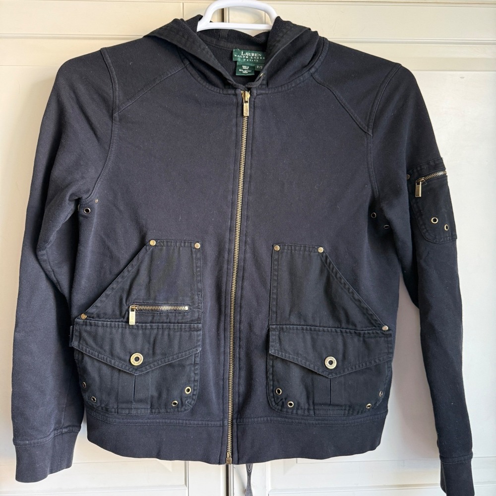 Lauren Ralph Lauren Petite‎ Black Utility Zip Up Hoodie Gold Hardware Cotton P/S